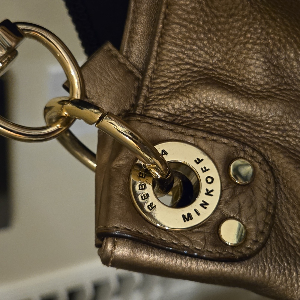 REBECCA MINKOFF Bronze Leather Studded Hobo Handbag Shoulderbag Detachabl Straps - Picture 6 of 16